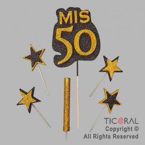 ADORNO DE TORTA SET MIS 50 CON 4 ESTRELLAS Y BENGALA GIBRE ORO x 1